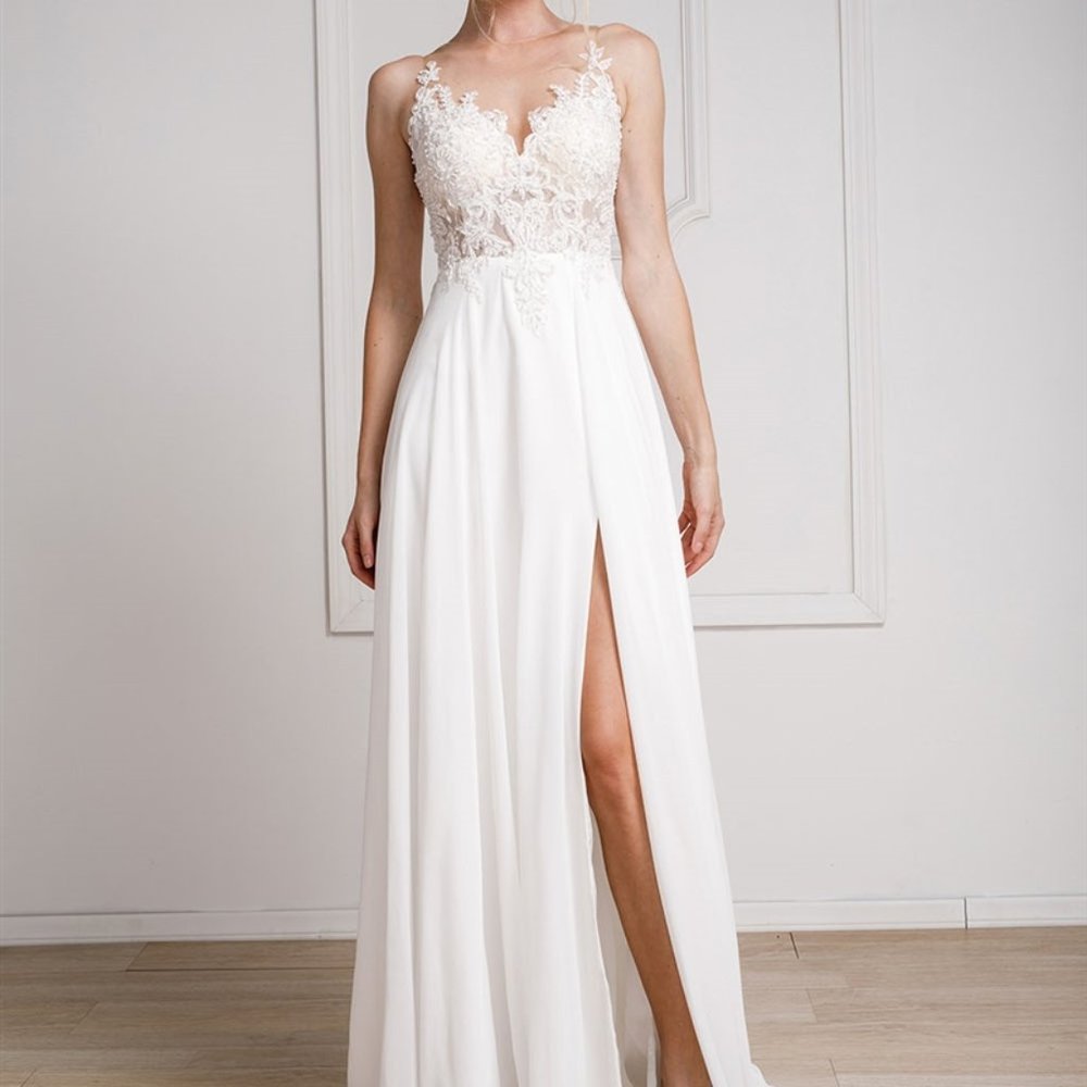 NEW WHITE BRIDAL WEDDING Illusion Neck Leg Slit A-Line Evening Dress AC375
